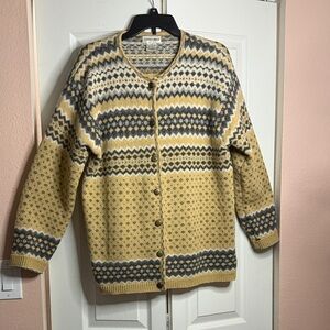 Vintage Wool Yellow and Gray Fair isle Cardigan size L